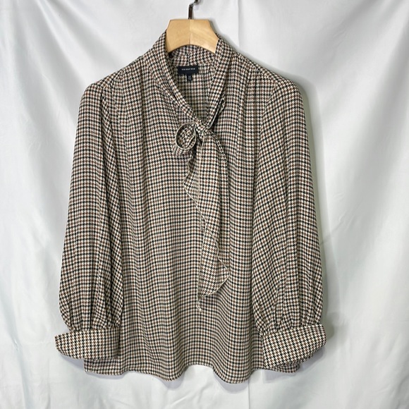 Who What Wear Tops - Who what where cream black brown houndstooth check chiffon tie neck blouse